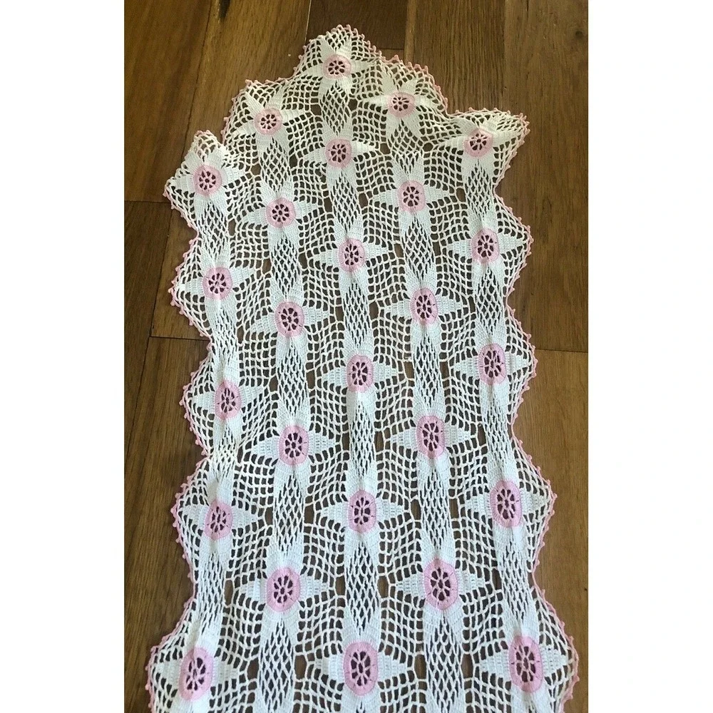2 Hand Crochet Table Runners Dresser Scarf Pink White Star Handmade Vtg